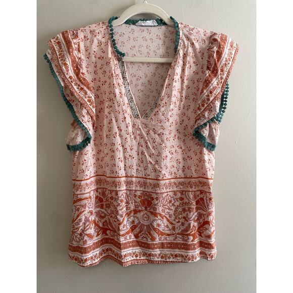THML Tops - THML Size M Pink Floral Top Flutter Sleeves V-Neck Green Pom Pom Trim